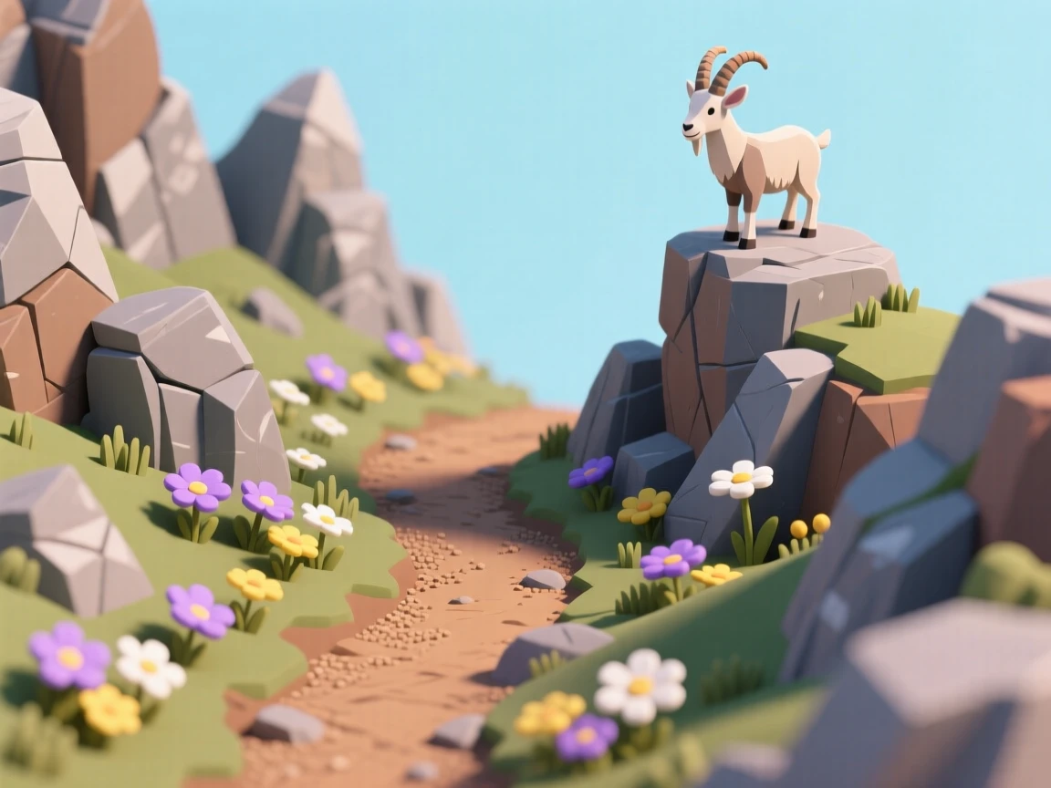 A rugged mountain pass with a winding trail, wildflowers dotting the rocky terrain, and a mountain goat perched on a distant outcrop.