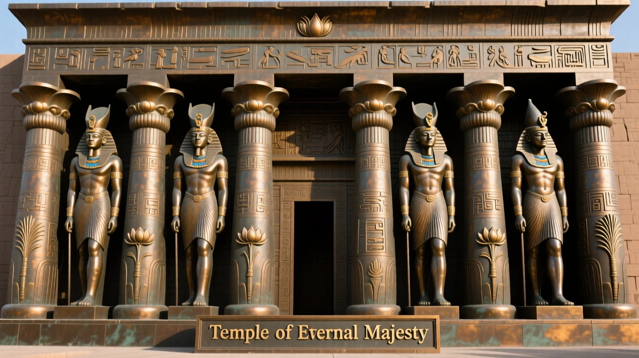 An ancient egyptian temple lined with towering statues, with intricate architectural detail throughout, exuding timeless grandeur
