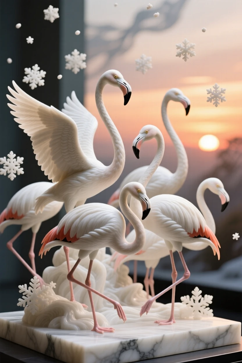 A striking close-up of a flamingo flock at sunset, full of life and grace, surrounded by falling snow