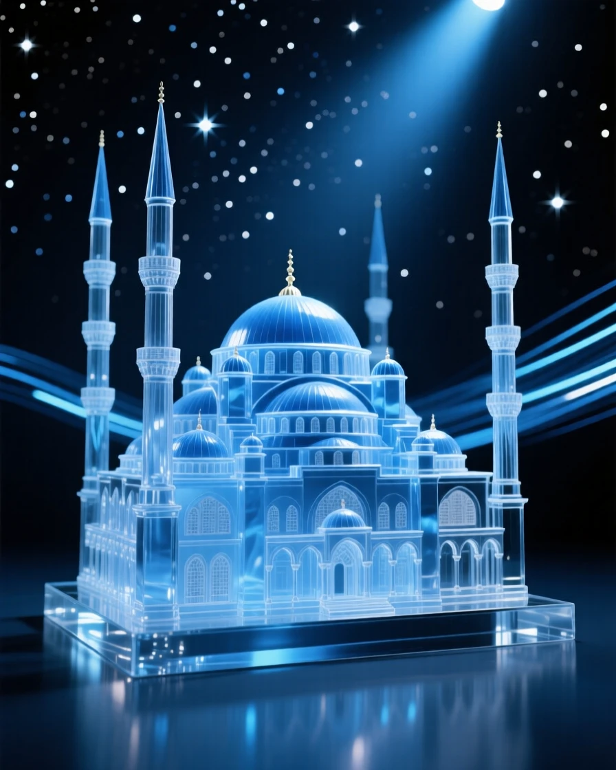 The Blue Mosque's domes and minarets under a starry night sky, long soft light trails in the distance, composition emphasizing scale and grandeur.