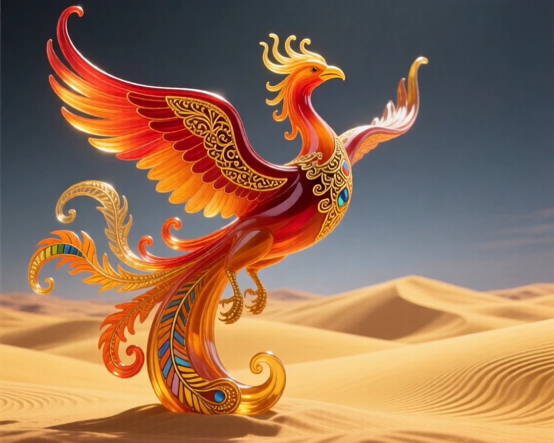 The phoenix of Arabian legend, the Anka, soaring over golden desert dunes, mythic and vast.