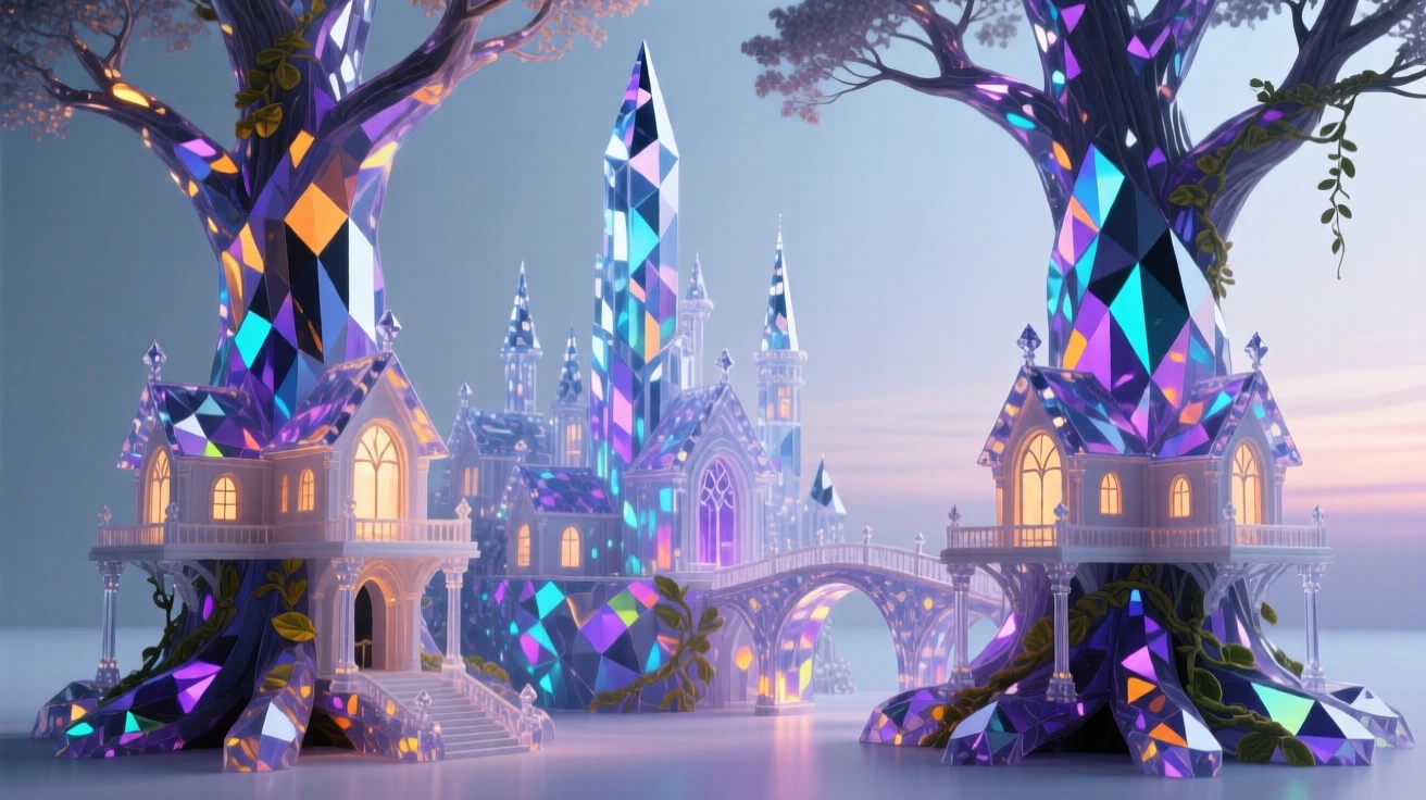 An elven city built into the trunks of massive glowing trees at twilight.