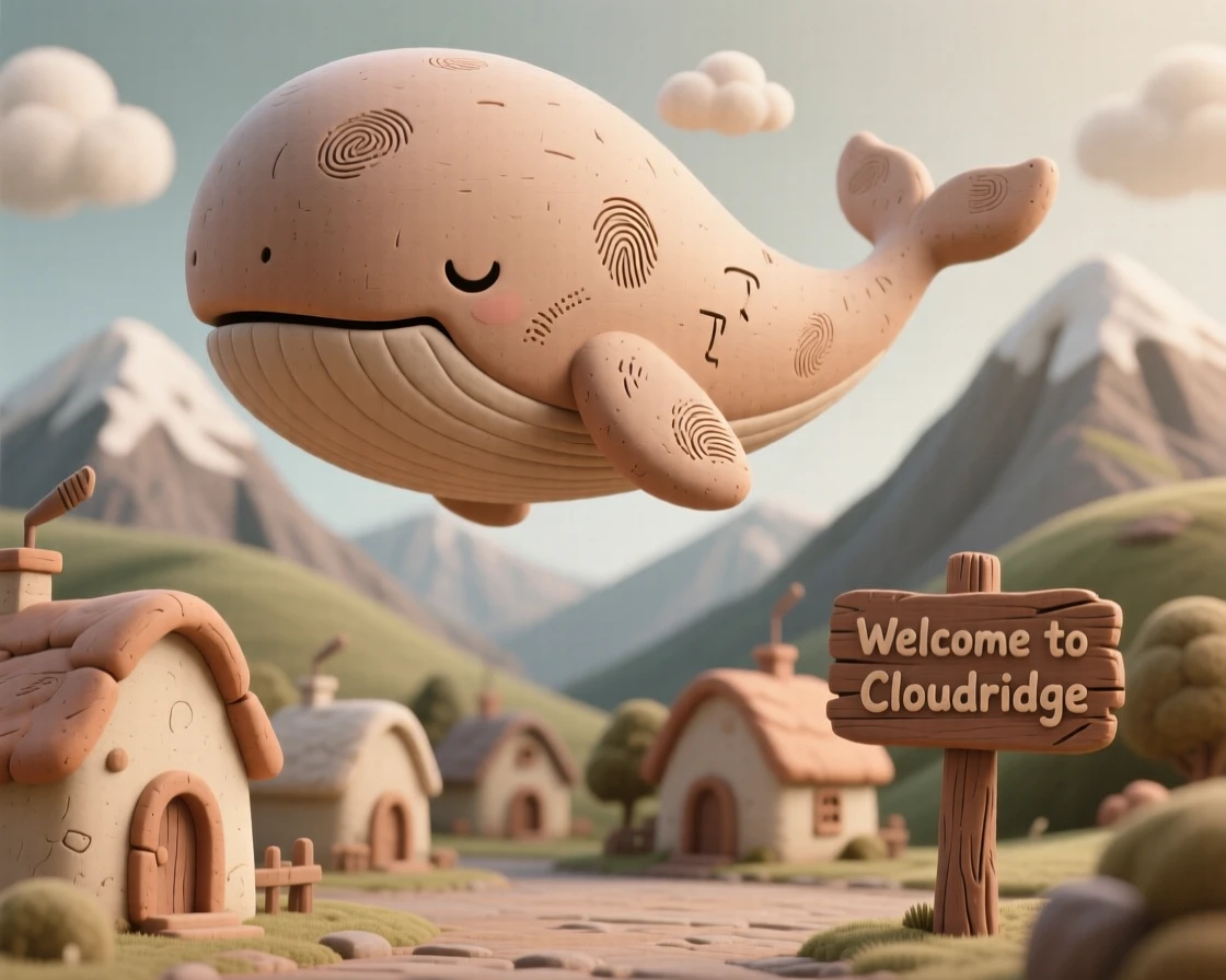 A cloud whale drifting slowly above a sleeping mountain village