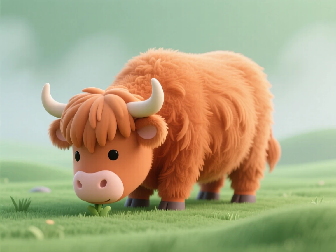 A fluffy Highland cow with a shaggy orange coat grazes peacefully in a misty green pasture.