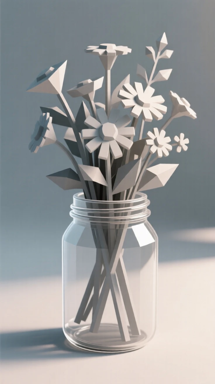 A bouquet of wildflowers in a mason jar, surrounded by soft shadows. soft directional light creates gentle shadows. There is a calm, contemplative stillness.
