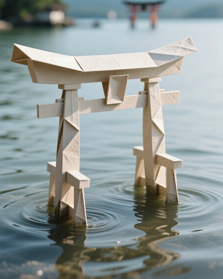 A traditional torii gate standing in shallow water at Miyajima during high tide.