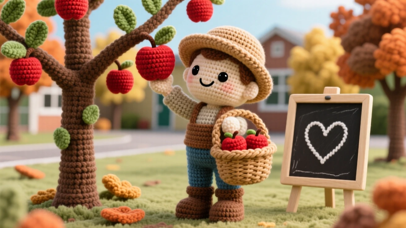 a cheerful apple orchard farmer, with a wicker basket over one arm, is captured picking ripe apples from a low branch in a quiet schoolyard framed by autumn trees beside a small chalkboard sign with a hand-drawn heart, radiating cheerful industriousness and community spirit.