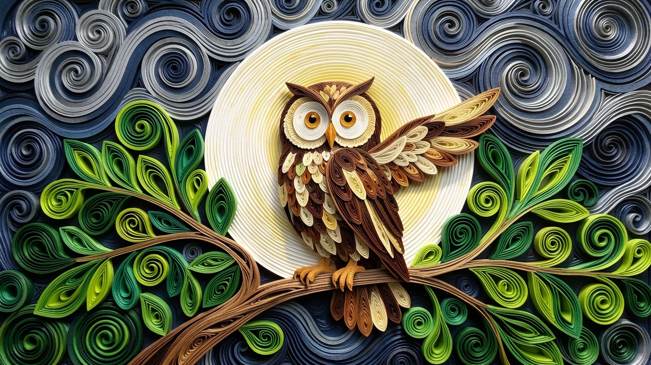 an owl perched silently on a moonlit branch, amid dappled light filtering through a leafy canopy, captured mid-action with dynamic movement, in the dramatic contrast of a stormy sky.