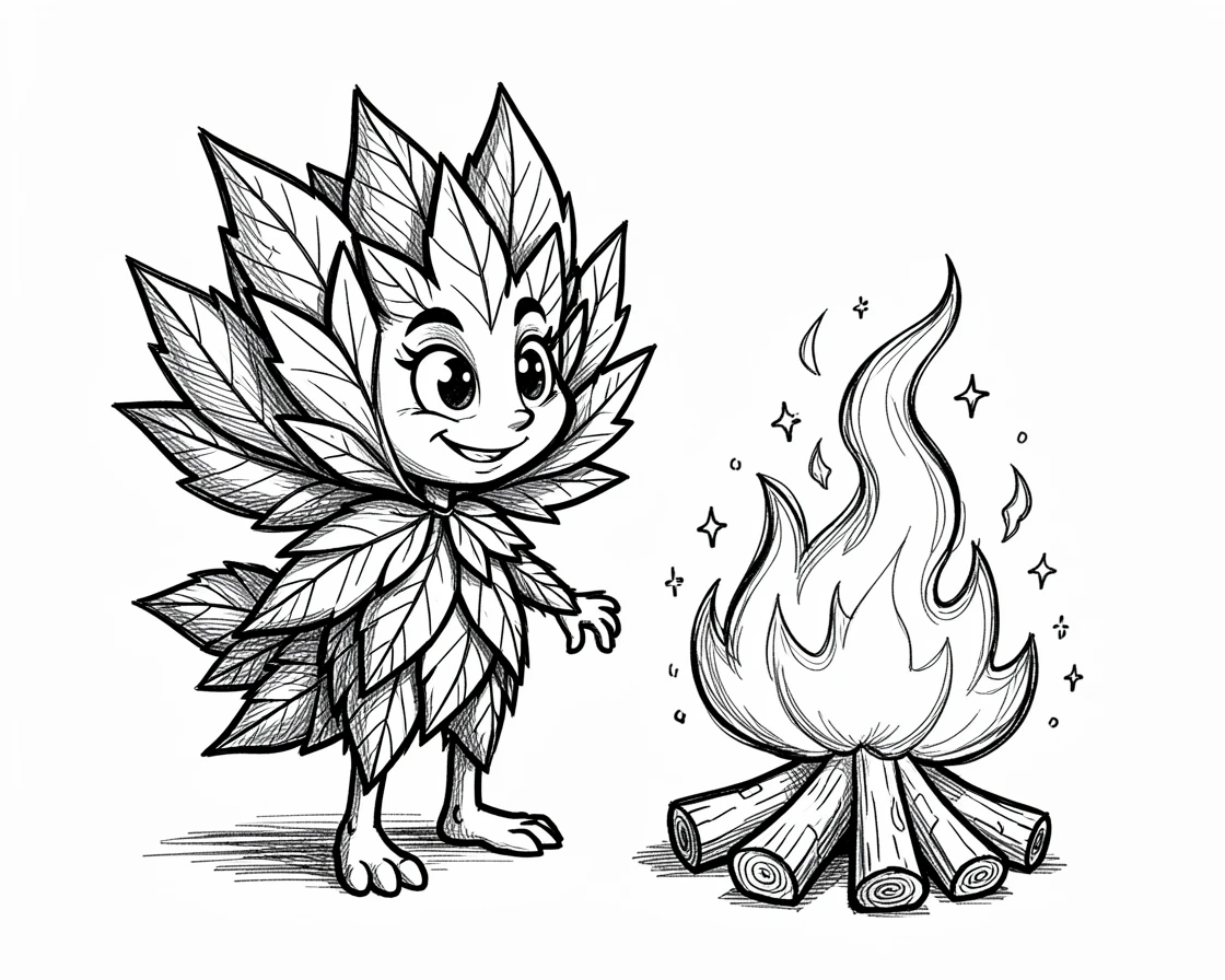 A friendly forest spirit made of leaves beside a magical bonfire.