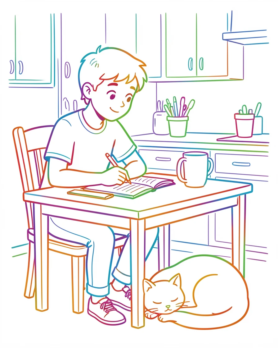A teenager doing homework at the kitchen table while a cat naps nearby.
