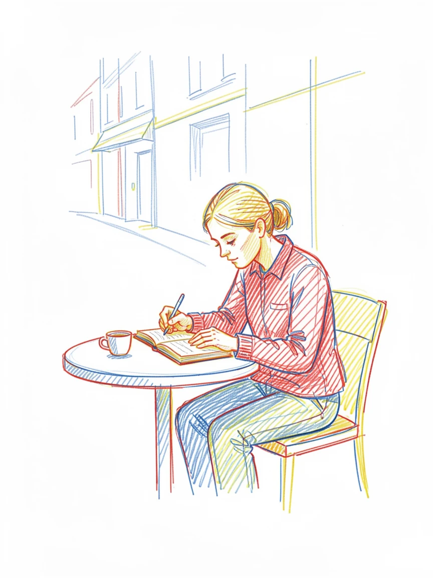A traveler journaling at a small café table in a foreign city