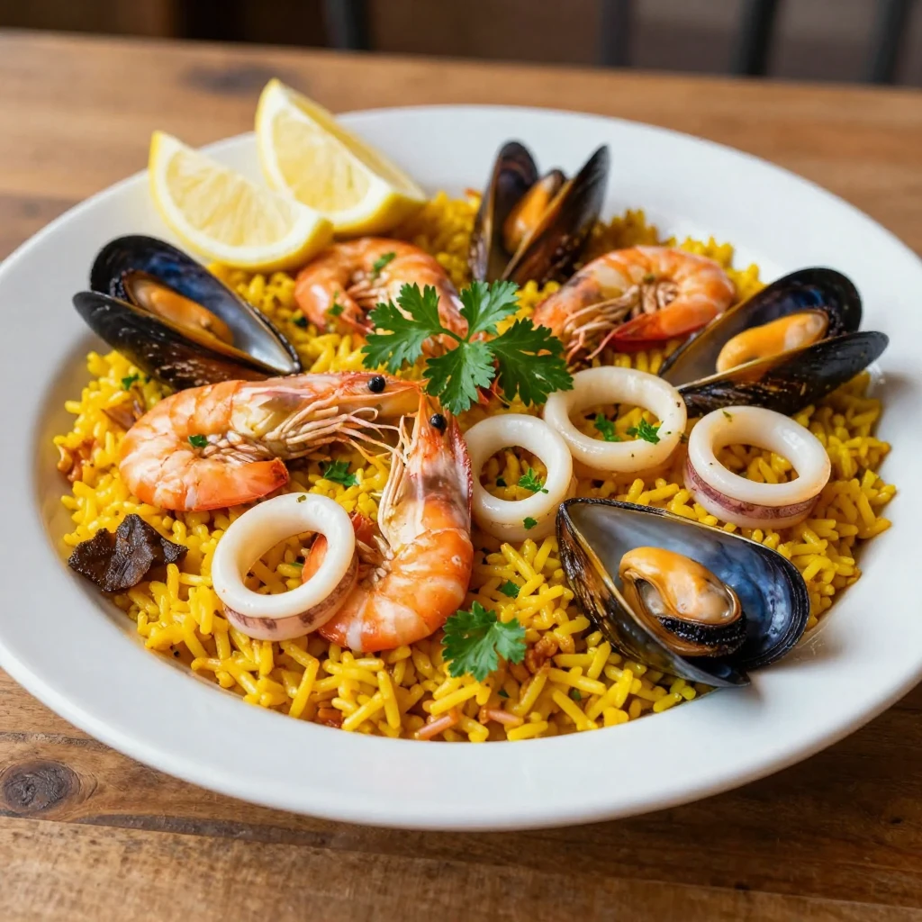 A plate of paella with saffron rice and seafood