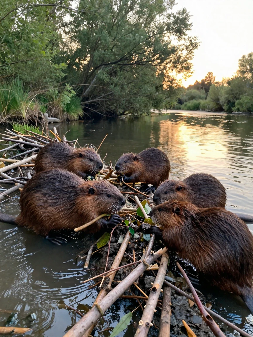 A family of beavers works together to reinforce a dam at dusk.