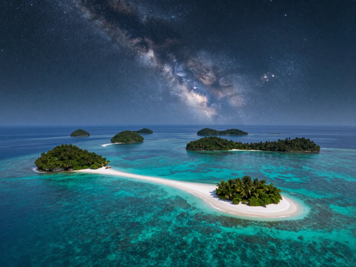 A chain of small islands scattered across turquoise water, stretching endlessly under a sky full of stars