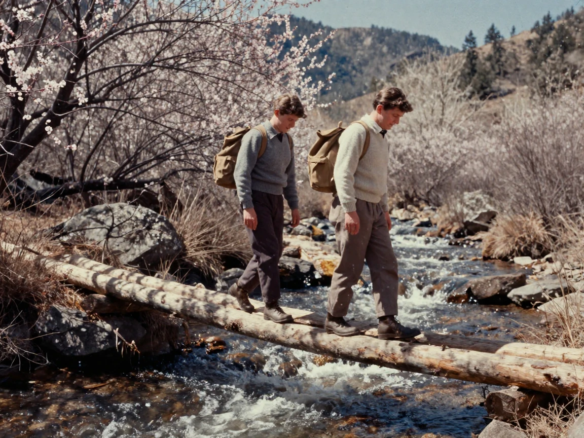 Two hikers crossing a narrow log bridge over a rushing stream, under harsh midday sun, in crisp, dry air, as spring blossoms unfurl, in soft muted pastels, through a rain-streaked window.