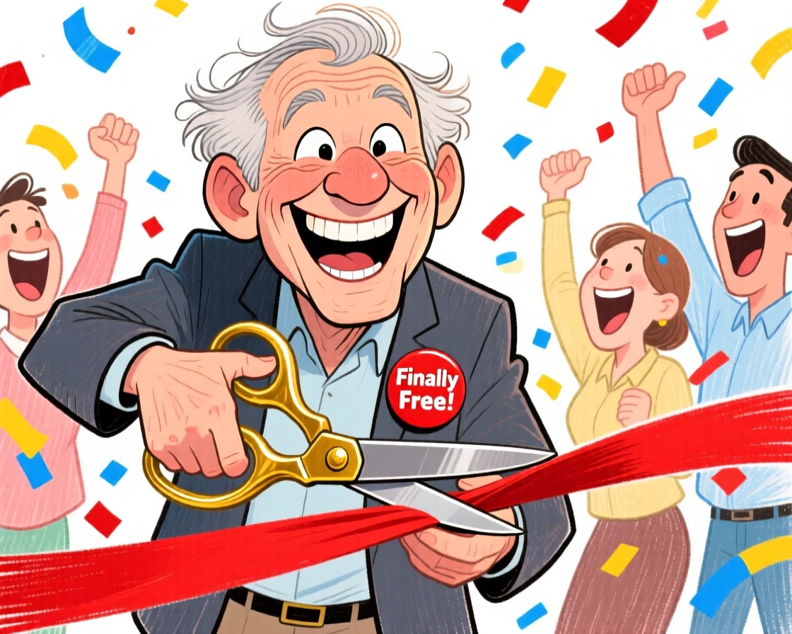 A newly retired man cutting a ribbon while colleagues cheer and toss confetti.