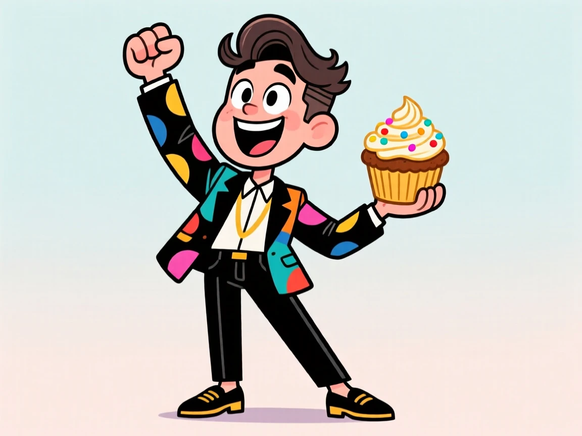 A charming portrait of a stylish fashion designer, raising a fist in triumphant celebration, holding up a freshly baked treat.