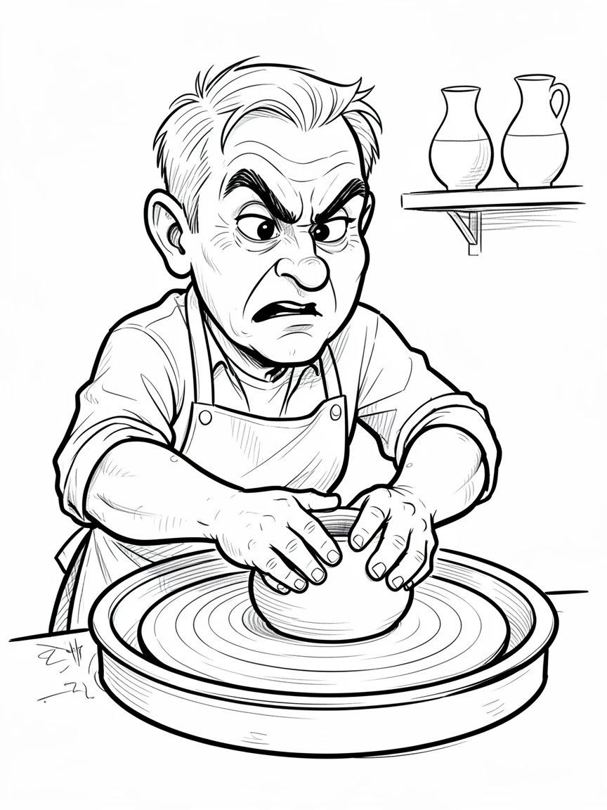 [Occupations & Hobbies] Detailed scene of a passionate potter shaping clay on a spinning wheel, showcasing skill and dedication