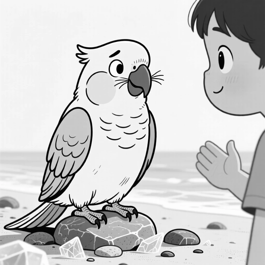 A parrot mimicking a confused expression, cheeks bulging comically past its whiskers, set on an icy pebble beach. A curious child watches from just out of frame. The scene captures unconditional, goofy love.