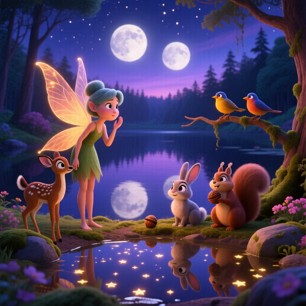 A curious fairy stands beside a lake reflecting two moons, whispering to woodland creatures gathered nearby. The atmosphere feels mystical yet warmly inviting, with stars reflected in a nearby pool of water.