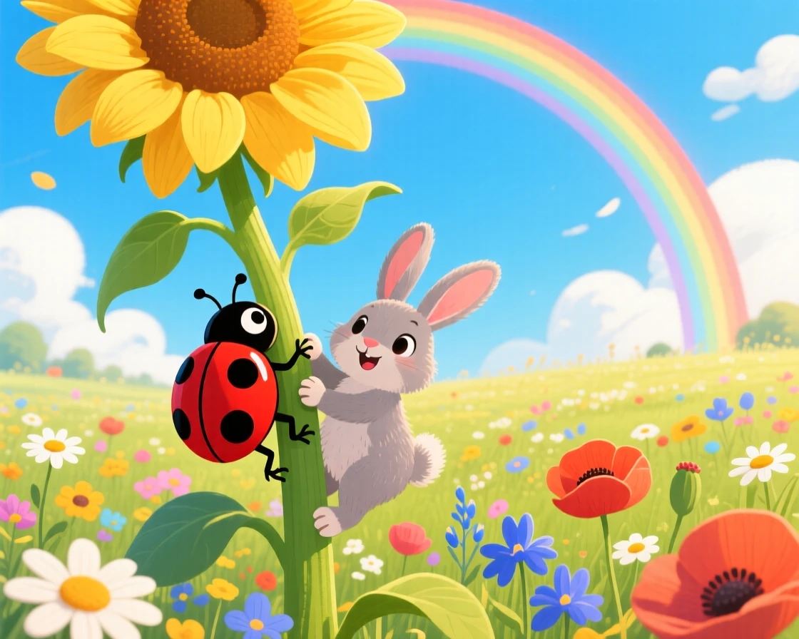 Near a field of wildflowers, a spotted ladybug is climbing a giant sunflower stalk alongside a small woodland friend, with a rainbow arching in the distance.