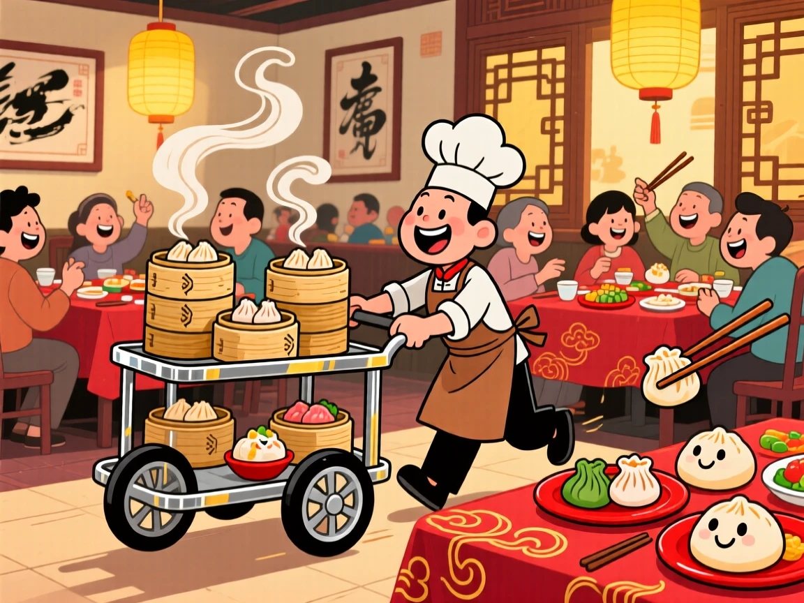 A dim sum cart rolling past a bustling restaurant table.