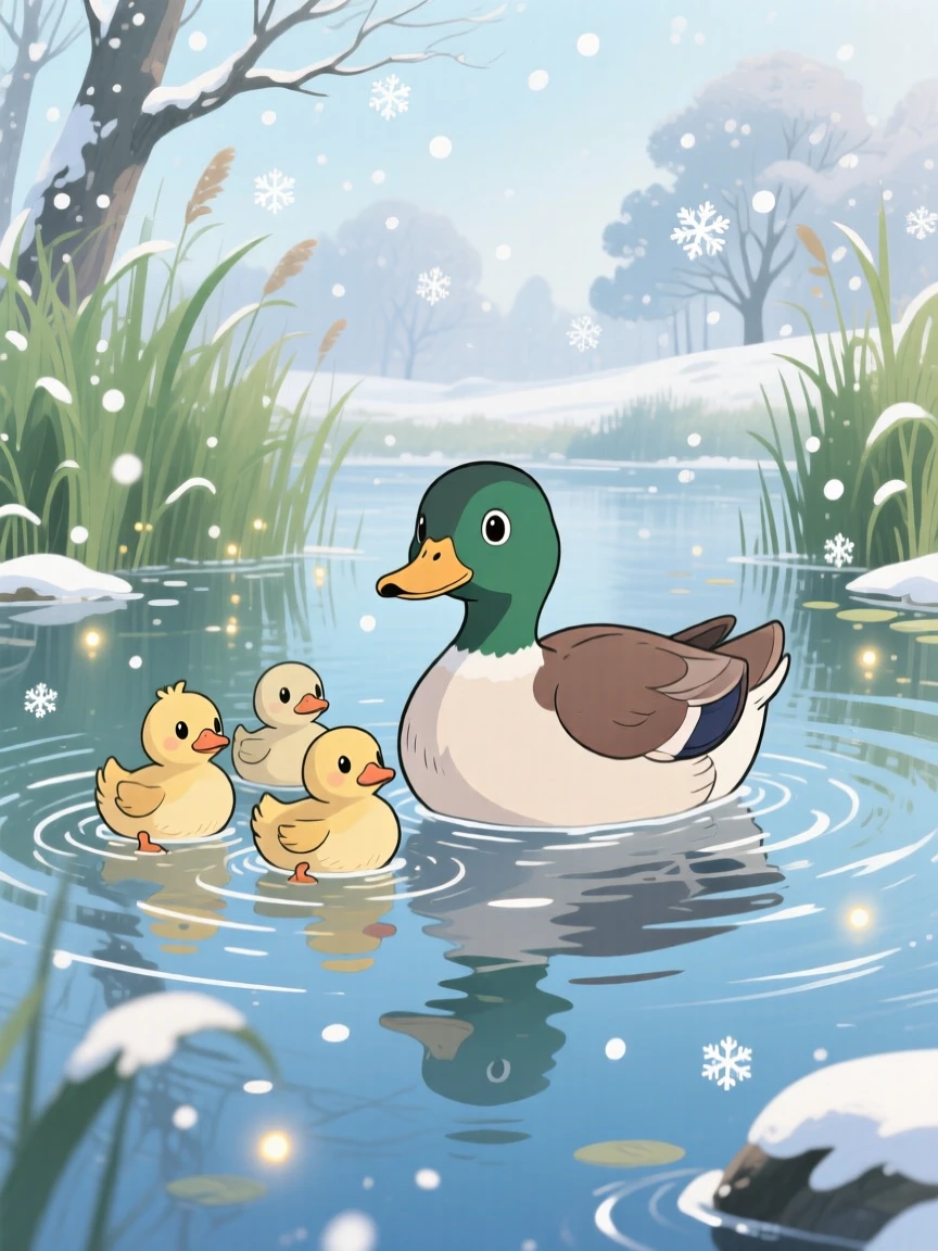 A family of ducklings following their mother across a pond, as gentle snow drifts down around it, radiating pure charm.