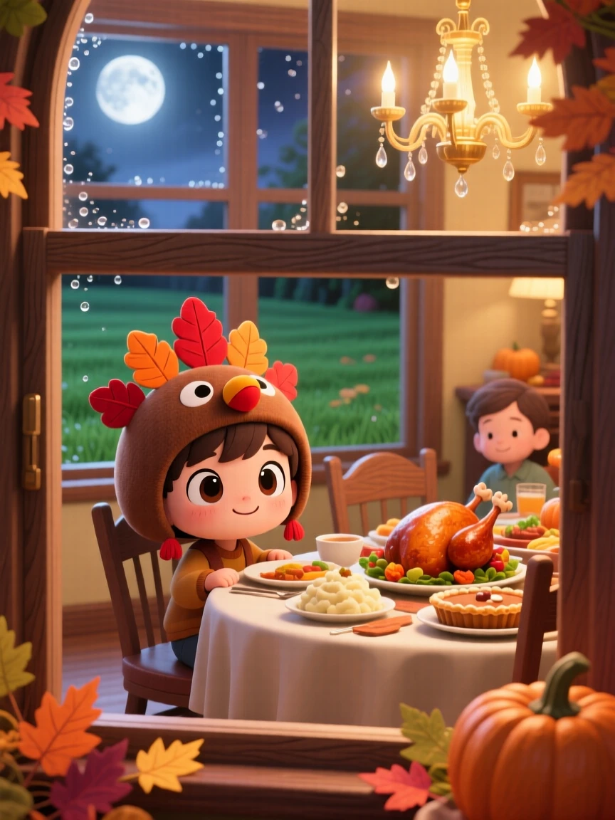 In a warm Thanksgiving dining room, a small boy is wearing a turkey hat at a family dinner table as morning dew glistens on the grass, bathed in soft moonlight, expression full of proud determination. Shot as a framed through a window.