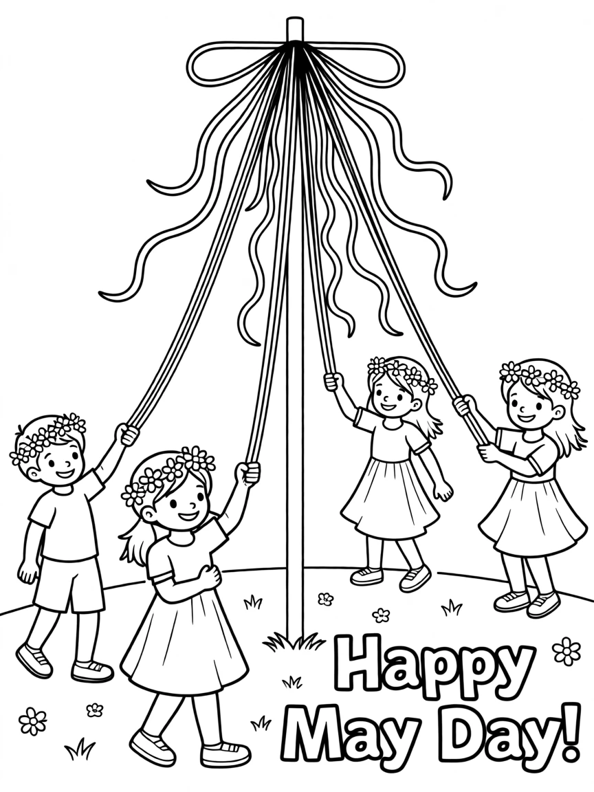 A May Day maypole dance with ribbons and flower crowns