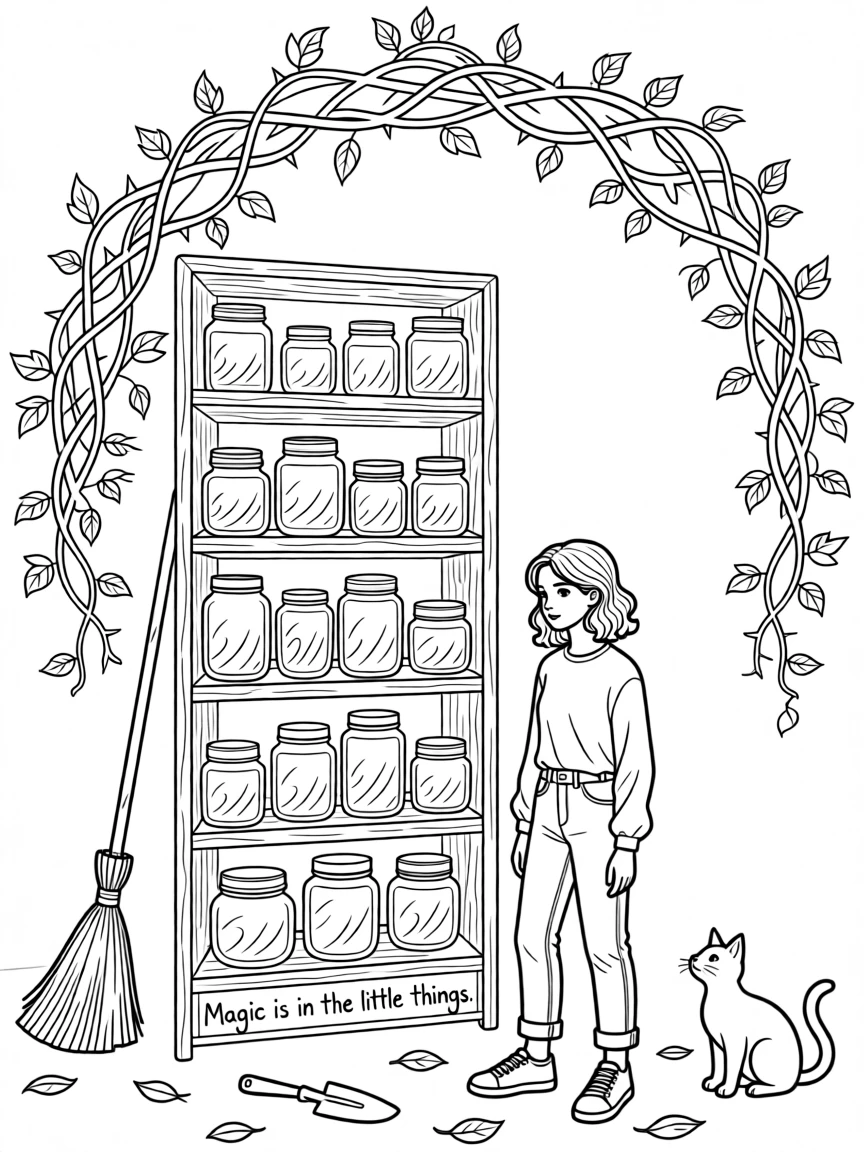 A broomstick leaning against a shelf of glass jars, with tangled thorns forming an archway above.