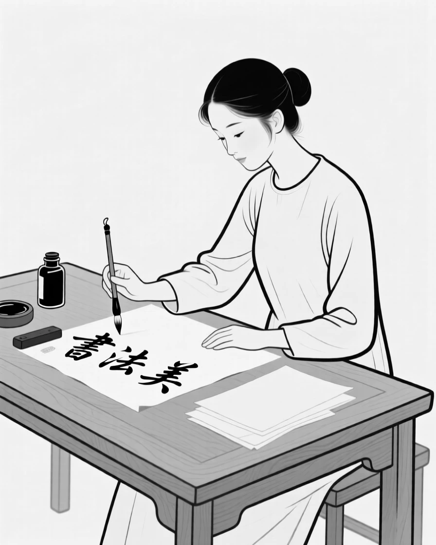 A woman practicing calligraphy at a wooden desk