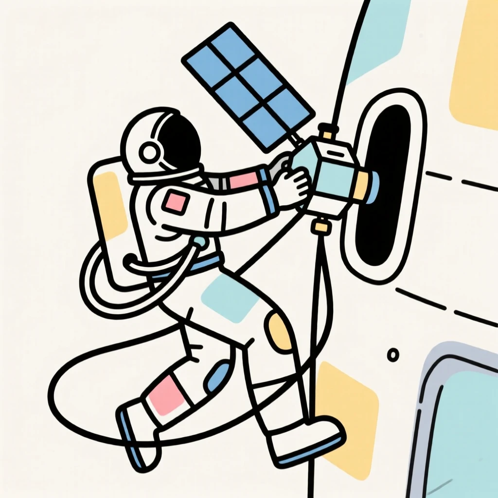 An astronaut repairing a satellite while tethered outside a spacecraft.
