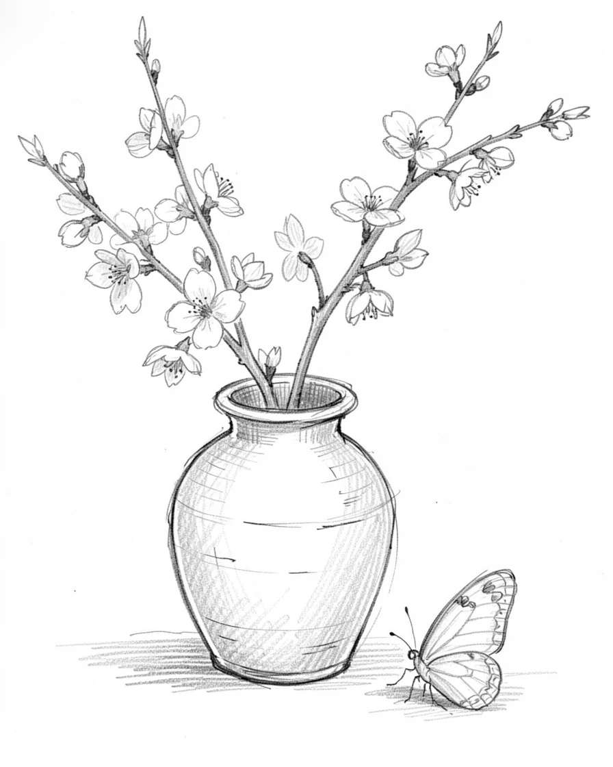 A cherry blossom branch in a rustic ceramic vase, with a butterfly resting nearby.