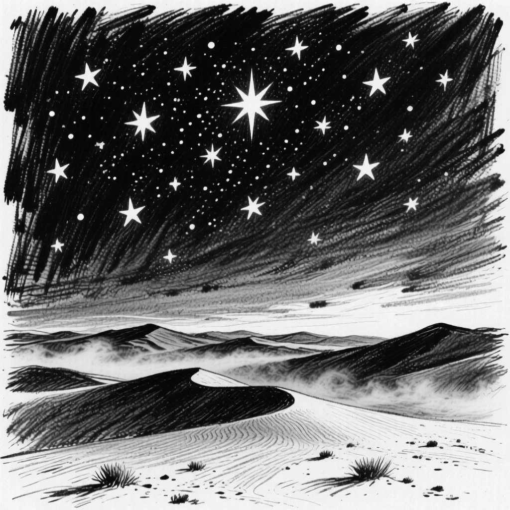 A star-filled night sky over a desert with mist rising gently at first light.