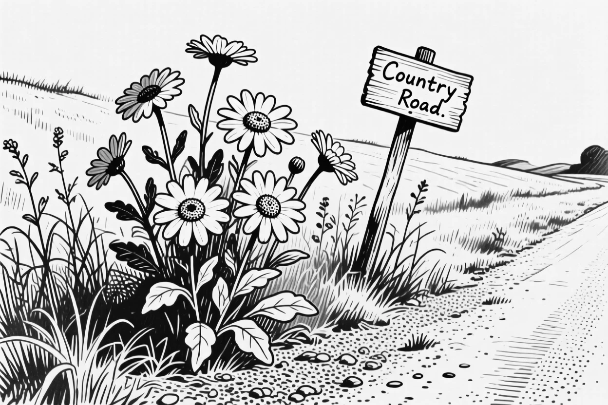 A cluster of daisies growing wild along a country roadside.