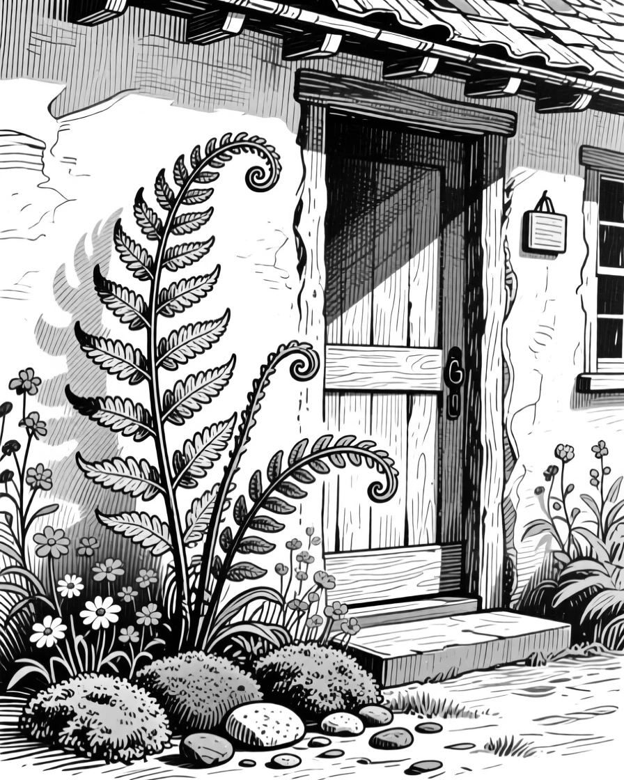 A fern unfurling its fronds blooming beside a cottage doorway, with leaves curling gently at the tips, composed in a fresh and vibrant still-life arrangement.