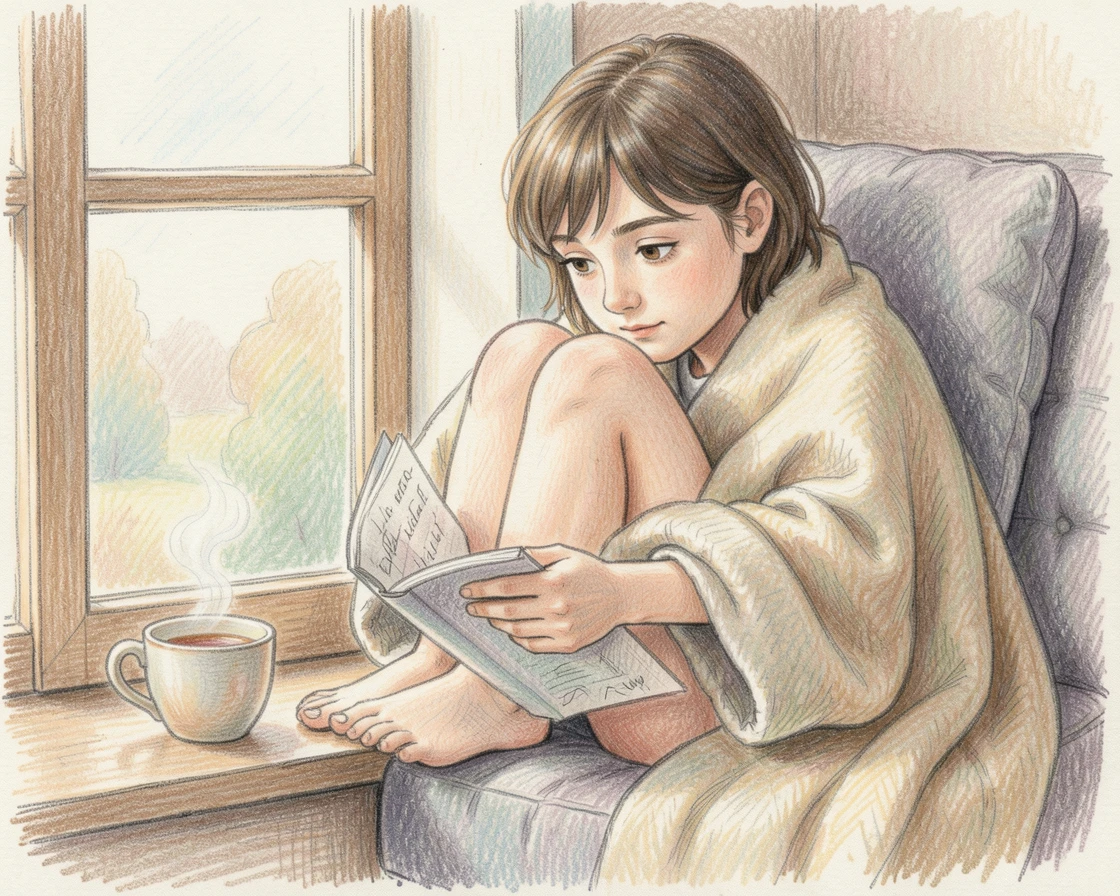 A young reader curled up by a window with a cup of tea and a novel, with expressive detail in the eyes and gentle facial features, capturing a fleeting, deeply relatable moment.