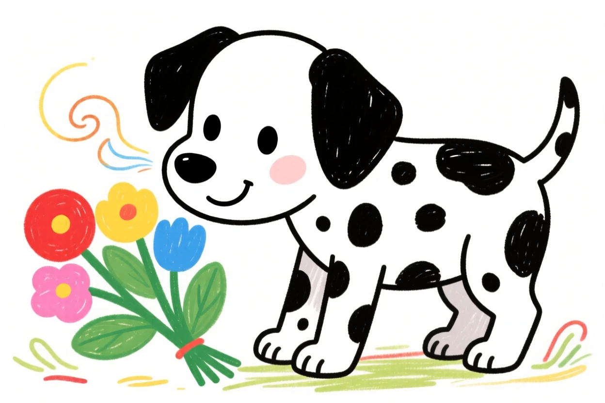 A spotted dalmatian puppy sniffing a bouquet of fresh flowers.