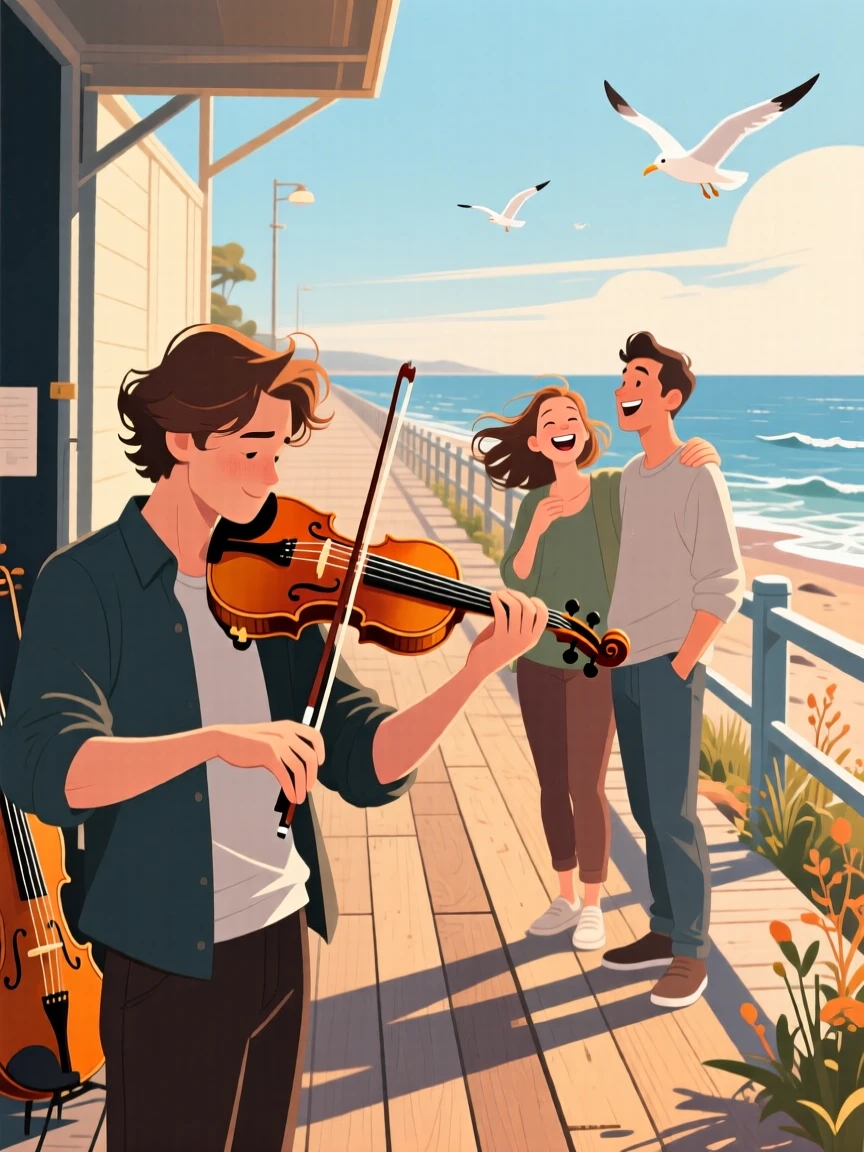 A musician tuning a violin backstage before a performance, along a scenic coastal boardwalk, framed to highlight connection between the people in the scene, with small joyful details like flying hair or bright laughter.
