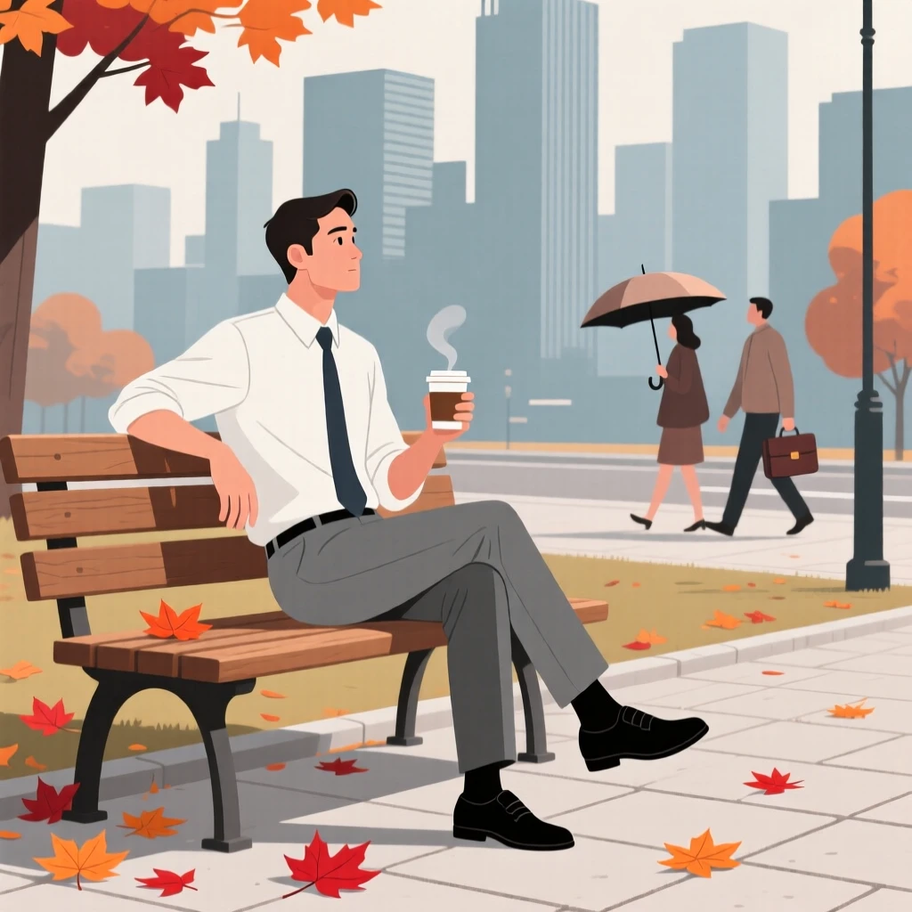 An office worker people-watching from a bench on a quiet autumn day in the city.