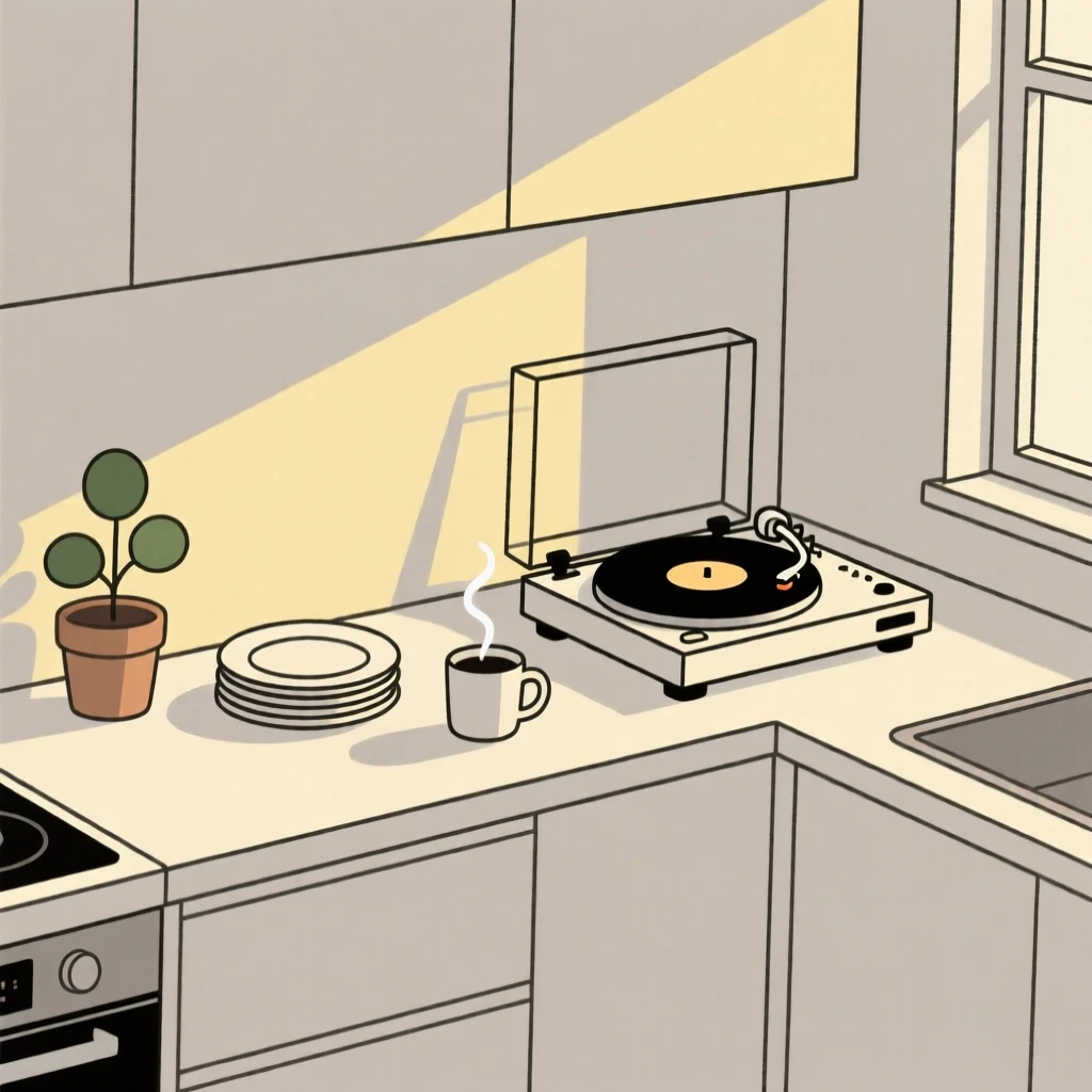 A tidy kitchen counter arranged near a vinyl record player in a sunlit apartment, expressing simple contentment.