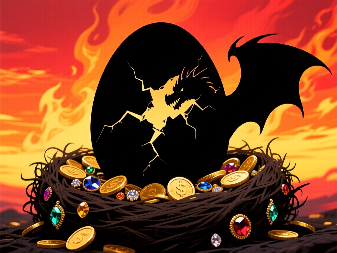 A dragon egg cracking open atop a nest of gold coins and jewels.