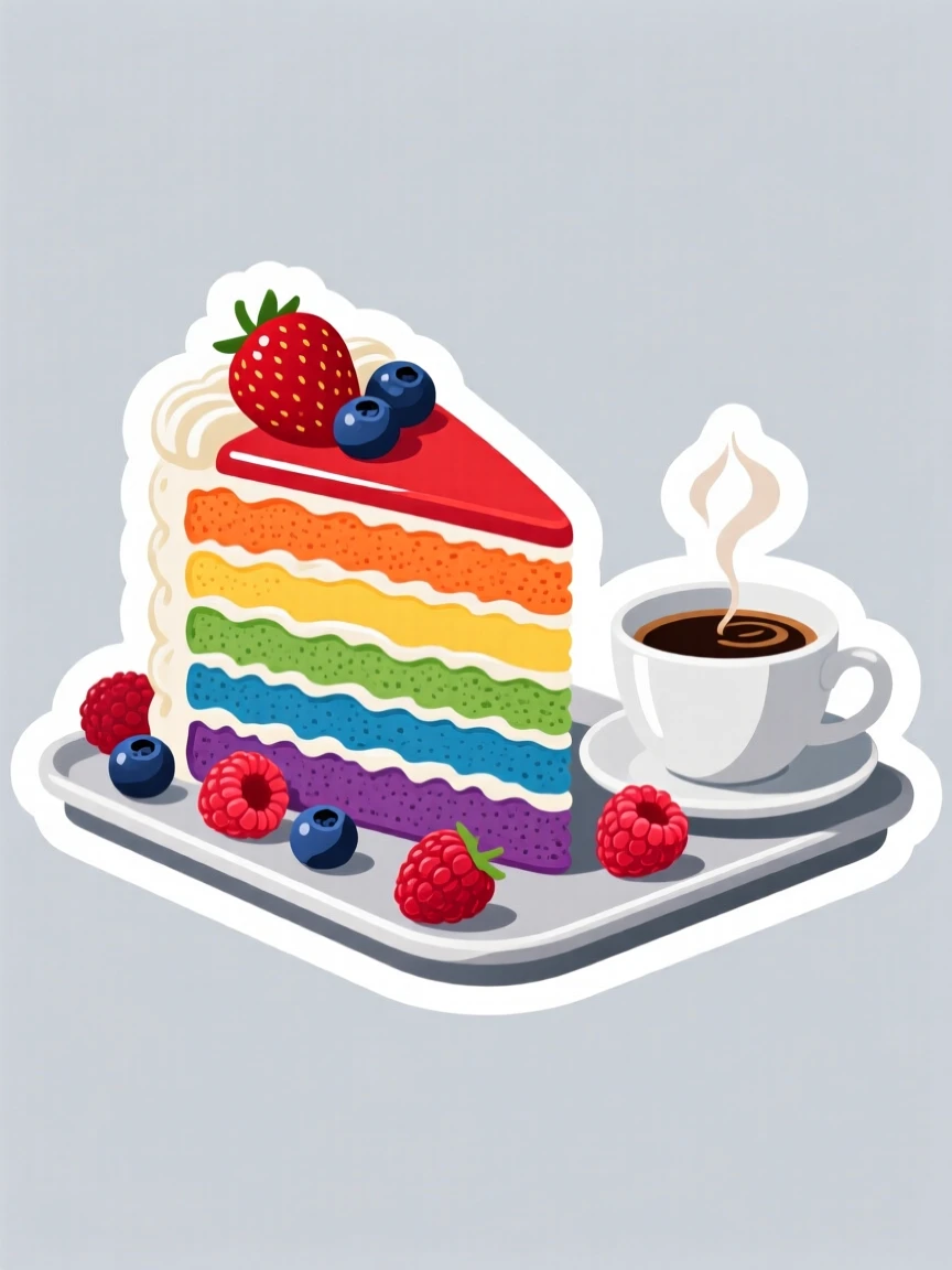 A delightfully sweet slice of rainbow layer cake, with fresh berries scattered around it, on a tray beside a cup of coffee.