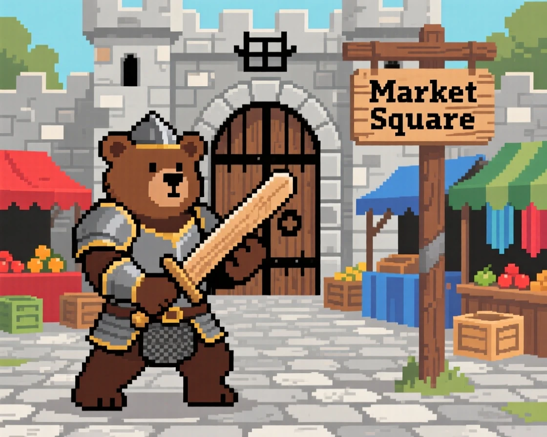 A bear knight guarding a castle gate training with a wooden practice sword, in a market square of a fantasy town.