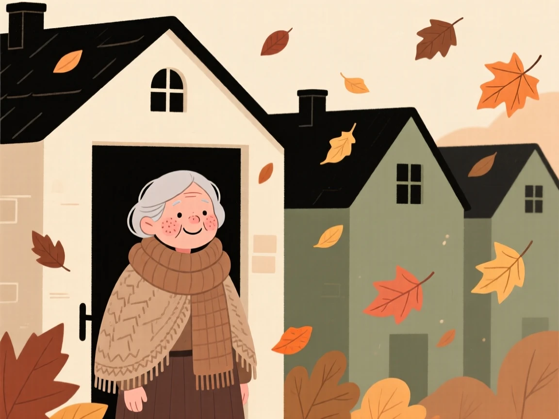 Soft autumn leaves falls over a row of rooftops as a elderly woman watches from a cozy doorway, wrapped warmly against the autumn air.