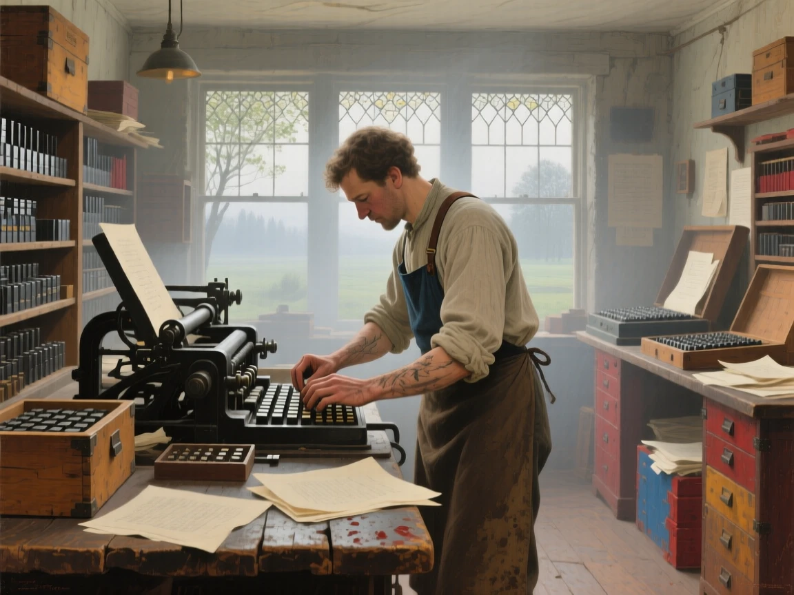 An expansive vista of a printer setting type by hand in a small print shop, in thick fog, in late spring.
