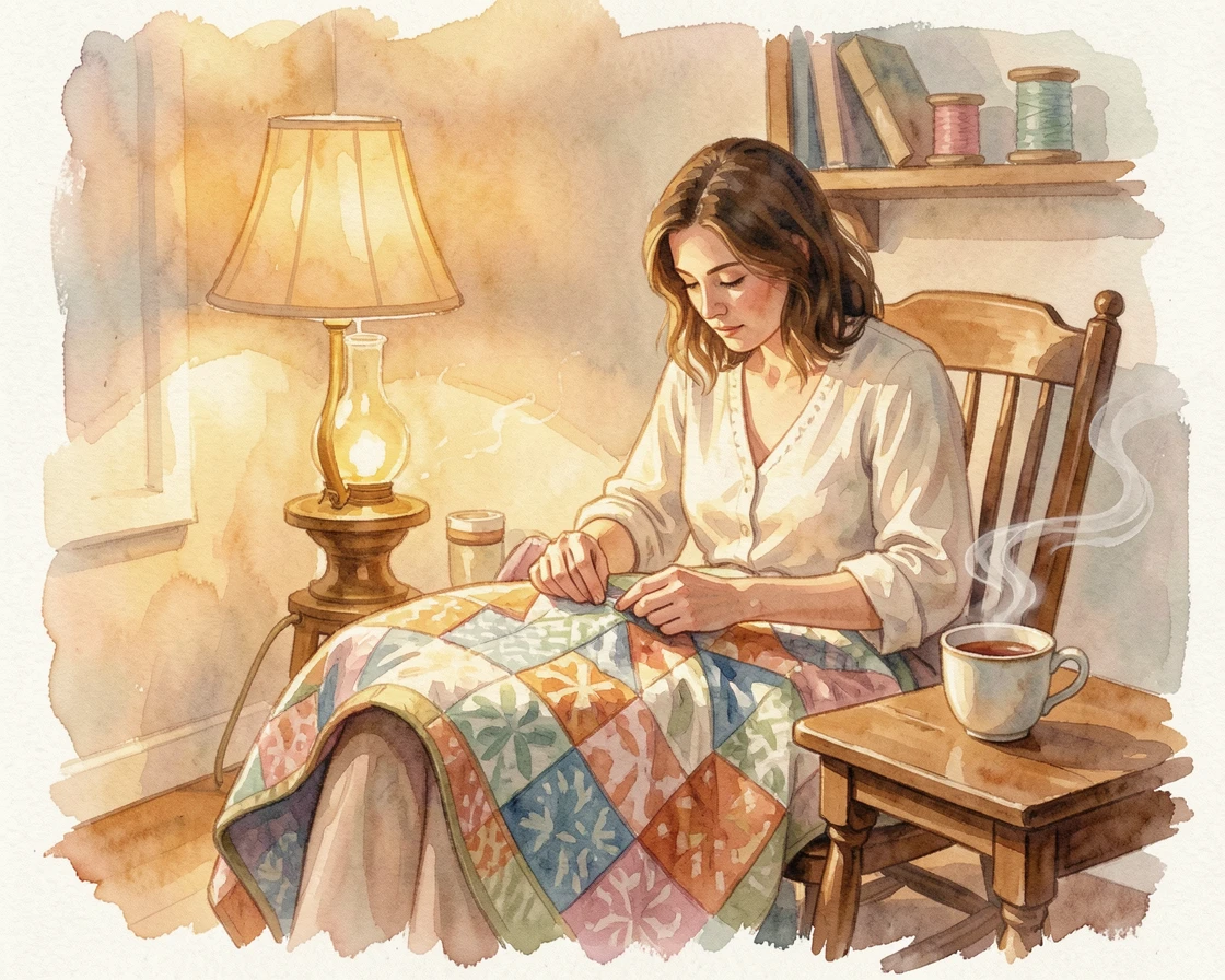 A woman quilting a patchwork blanket by lamplight with a warm cup of tea nearby.