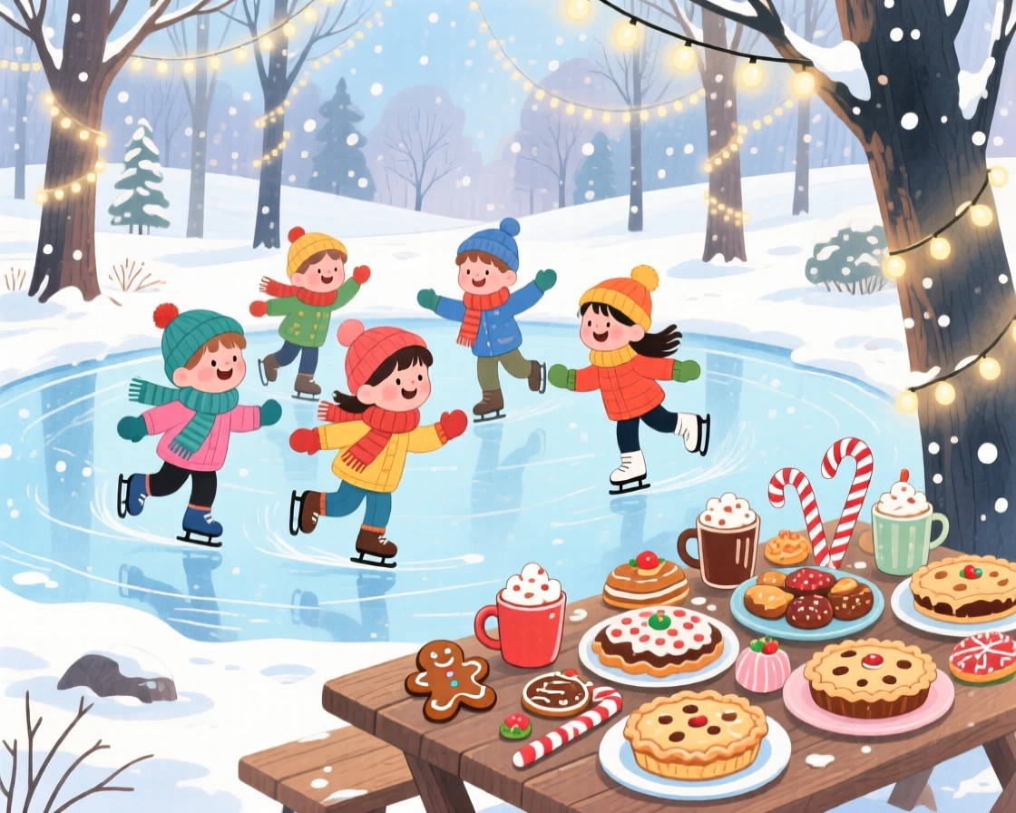 Children ice skating together on a frozen pond, in a snowy park lined with twinkling lights, with a table piled high with festive treats, evoking playful winter joy.