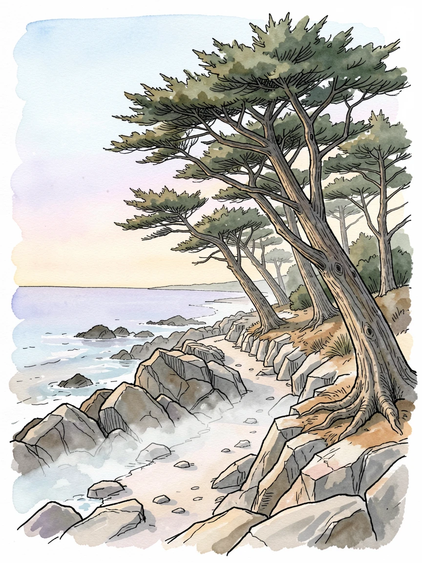 A rugged coastal trail winding along wind-bent cypress trees, a soft mist clinging to the low ground as the sun begins to rise.