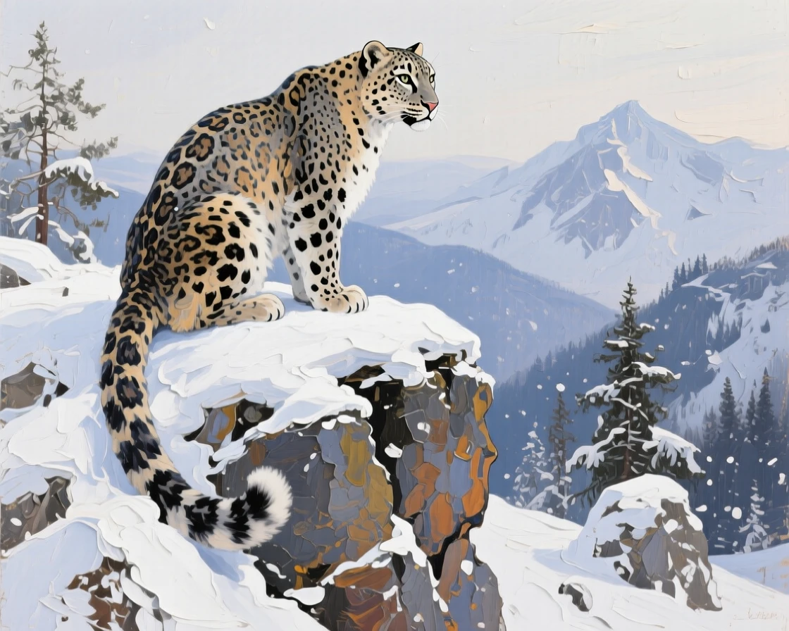 a snow leopard watching from a high ledge, after a gentle snowfall, with a clear foreground, subject, and distant setting.